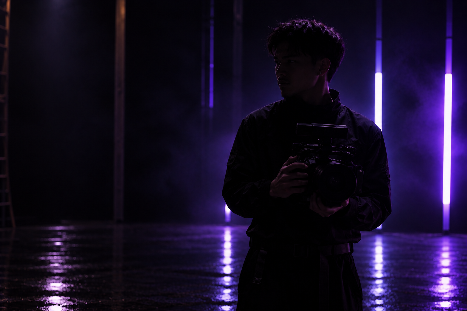 Cinematic portrait of a visual artist holding a camera